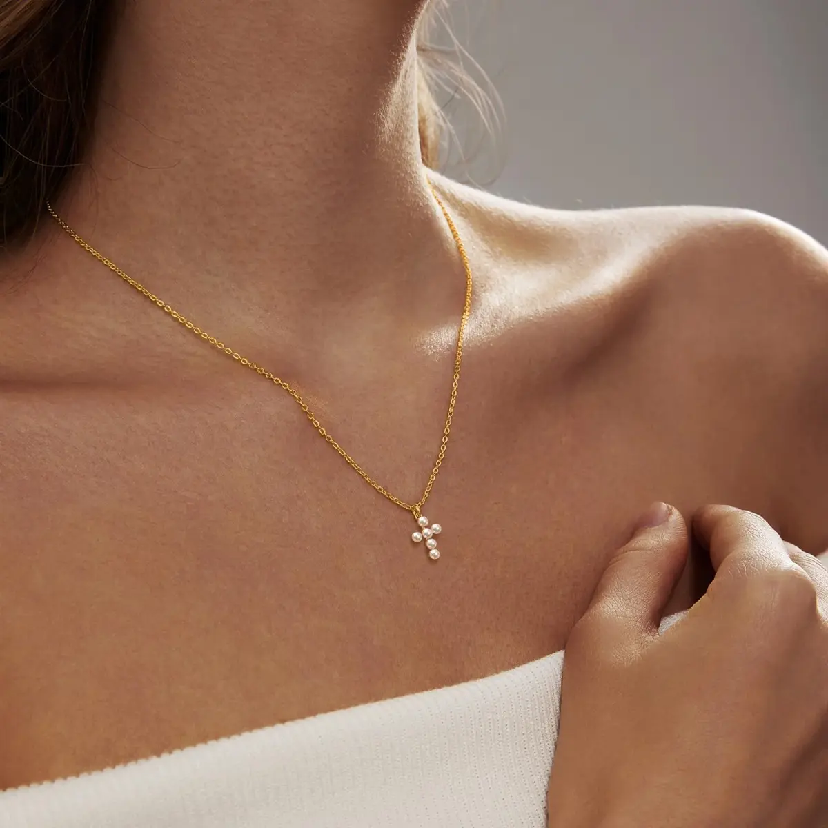 HERIER Gold Pearl Cross Necklace for Women 18K Gold Plated 41.9cm (16.5") | Faith & Fashion Jewelry - view 4