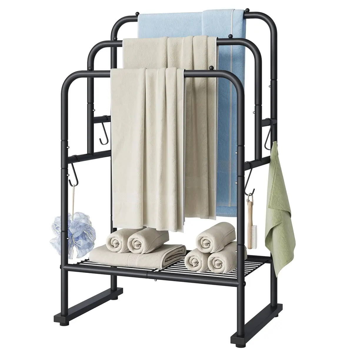 ELYKEN 3 Tier Freestanding Towel Rack with Shelf, 40" H, Black | Modern Bathroom & Poolside Organizer - main product image