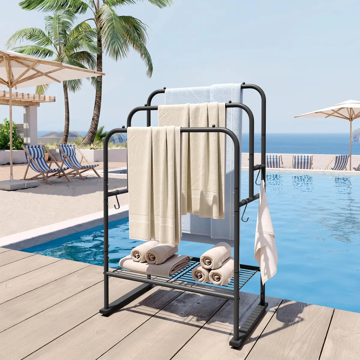 ELYKEN 3 Tier Freestanding Towel Rack with Shelf, 40" H, Black | Modern Bathroom & Poolside Organizer - view 6