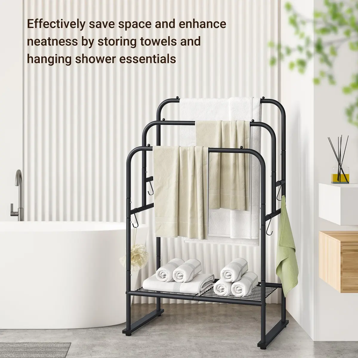 ELYKEN 3 Tier Freestanding Towel Rack with Shelf, 40" H, Black | Modern Bathroom & Poolside Organizer - view 2