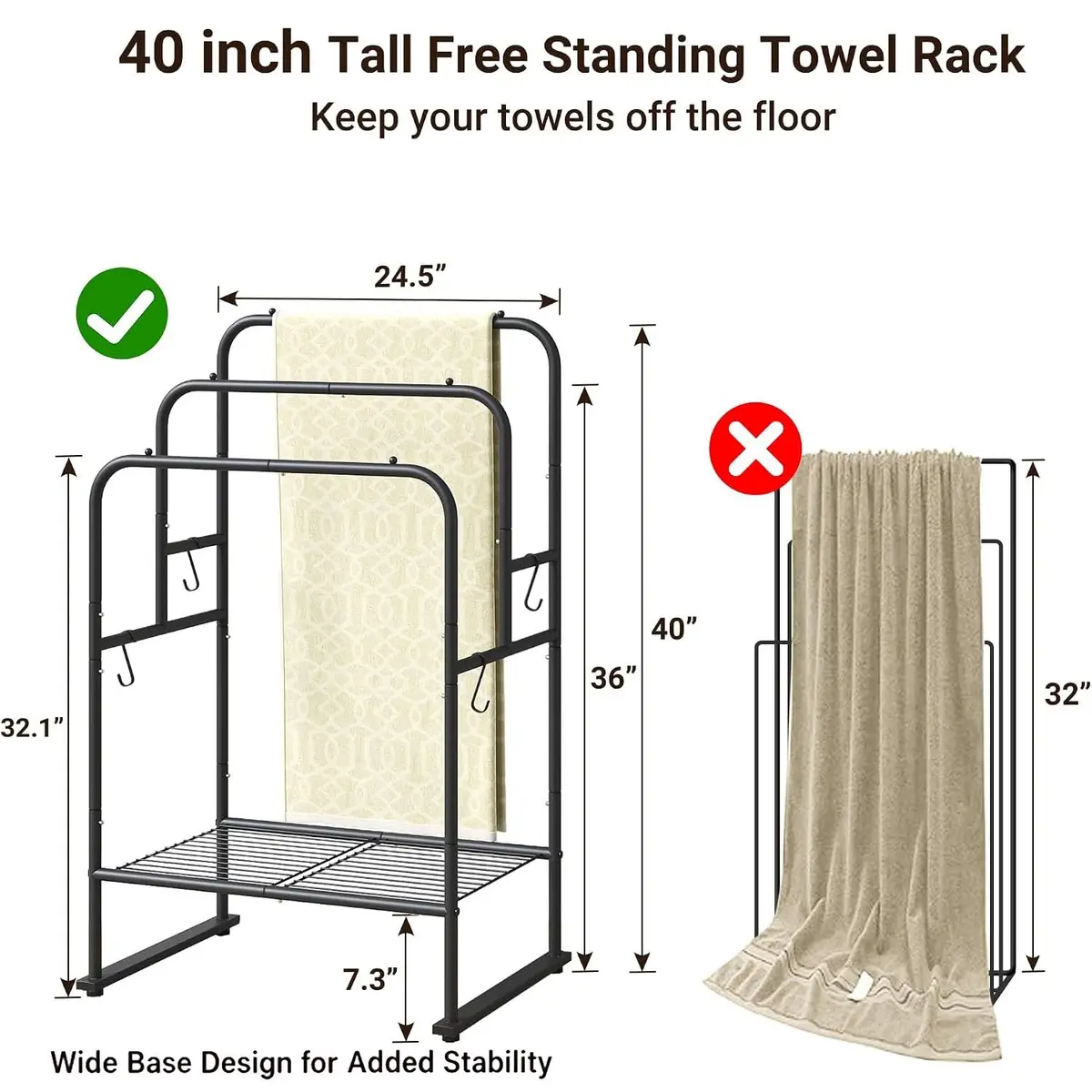 ELYKEN 3 Tier Freestanding Towel Rack with Shelf, 40" H, Black | Modern Bathroom & Poolside Organizer - view 3