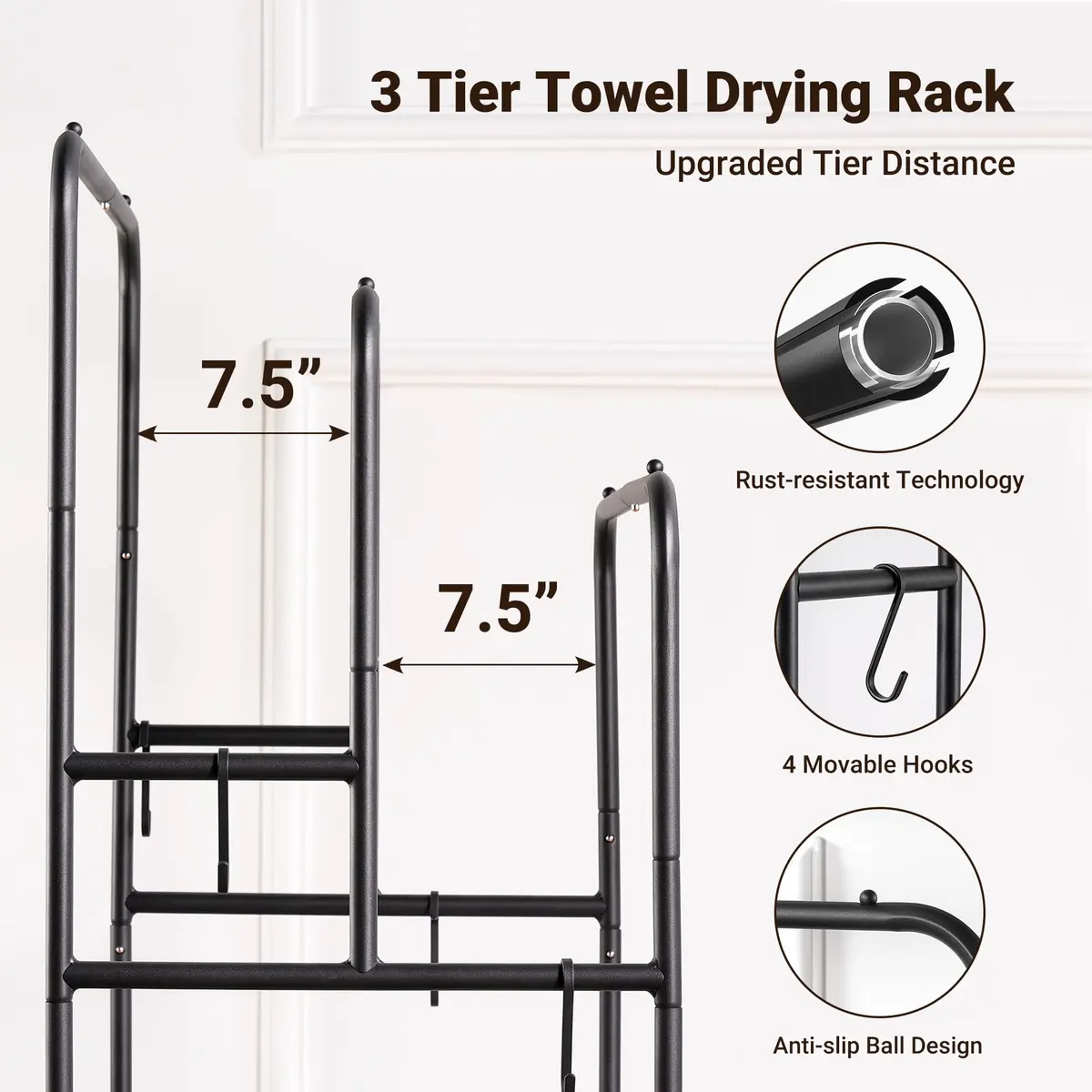 ELYKEN 3 Tier Freestanding Towel Rack with Shelf, 40" H, Black | Modern Bathroom & Poolside Organizer - view 4