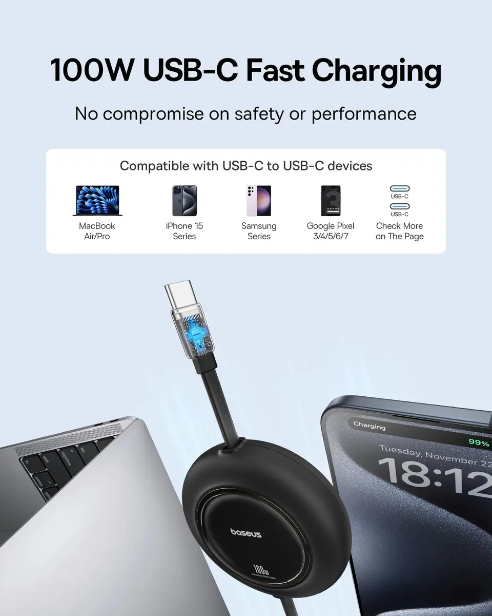 Baseus Retractable USB C to USB C Cable 2m (6.6ft) | 100W Fast Charging, Data Transfer, Nylon Braided - view 2