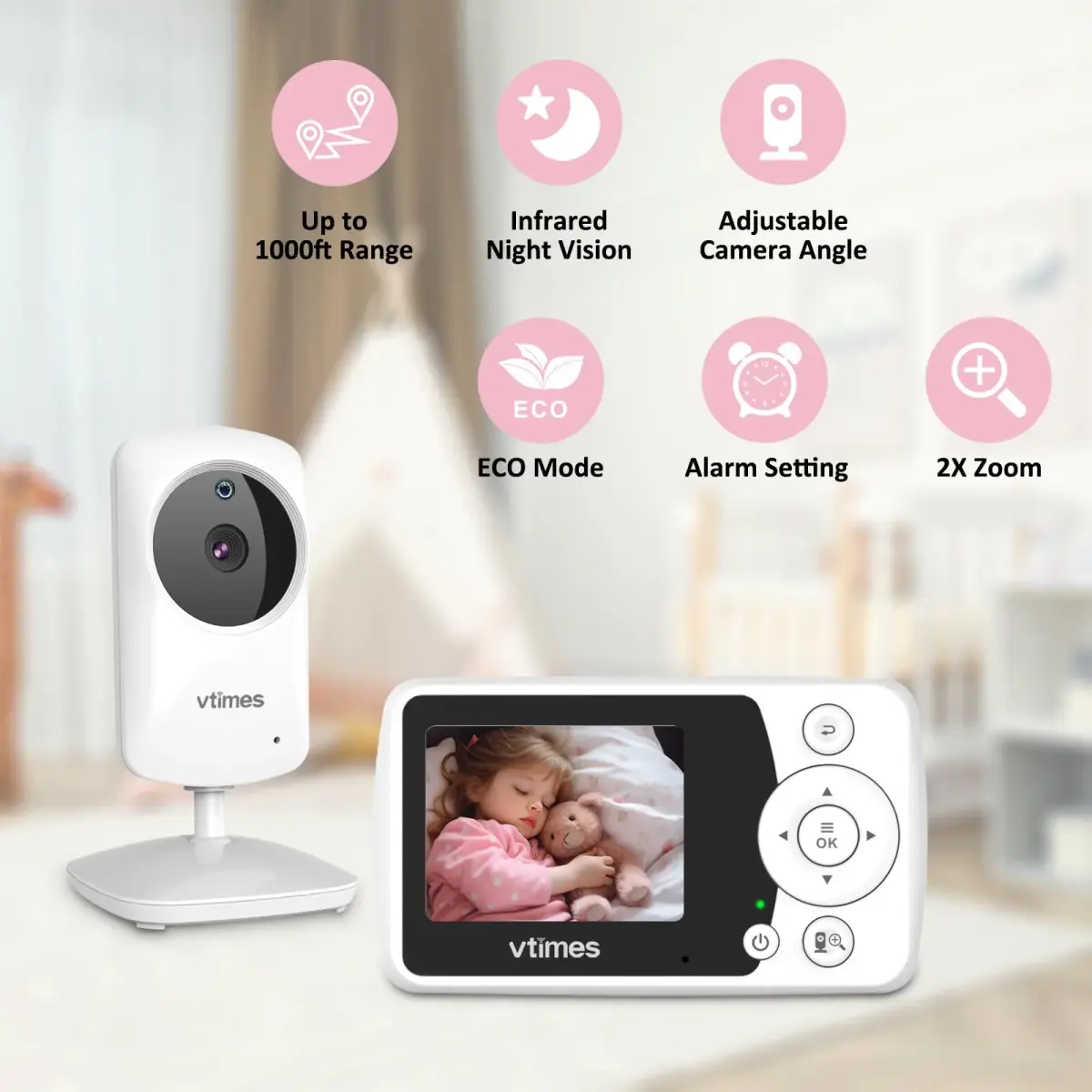 VTimes Baby Monitor with Camera and Audio, No WiFi, 2.4" LCD Screen, 1000ft Range | Secure FHSS Connection for Indian Homes - view 3