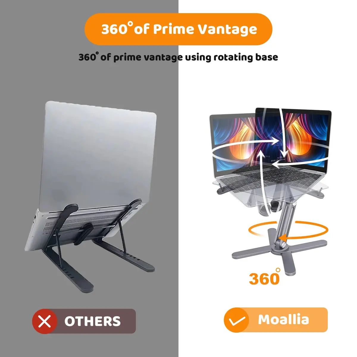 Moallia N86 360 Rotating Laptop Stand for Desk with Locking Knobs, Grey 2.36in (6cm) | Ergonomic Aluminum Riser for Collaborative Work - view 3