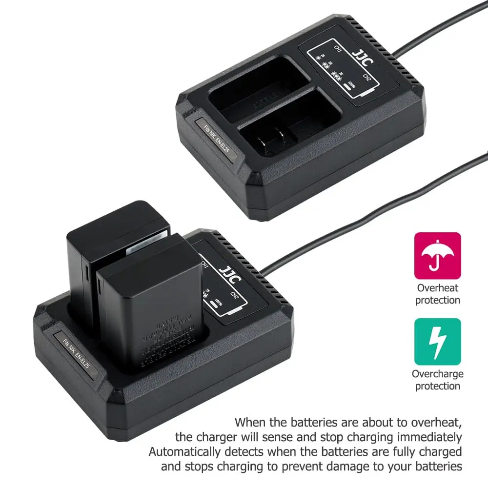 JJC EN-EL25 Battery Charger Dual Slot for Nikon Z50 II Z50 Z30 Zfc Cameras | USB Power & Overheat Protection - view 6