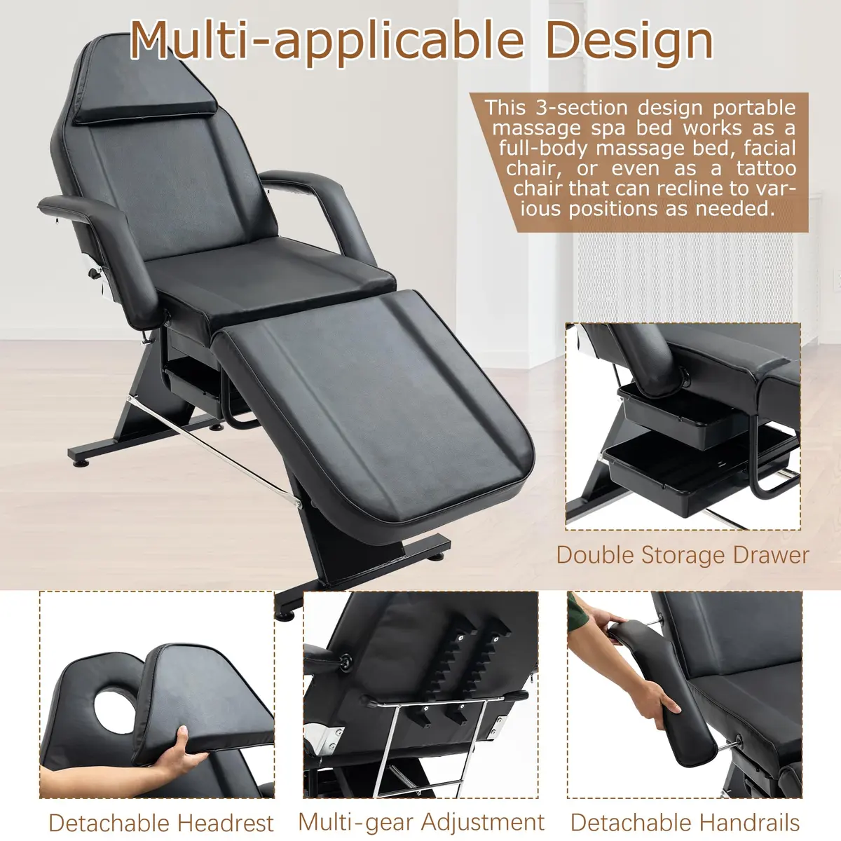 Brisca Massage Salon Tattoo Chair with Two Trays | Adjustable Full-Body Spa Bed & Esthetician Chair - view 6