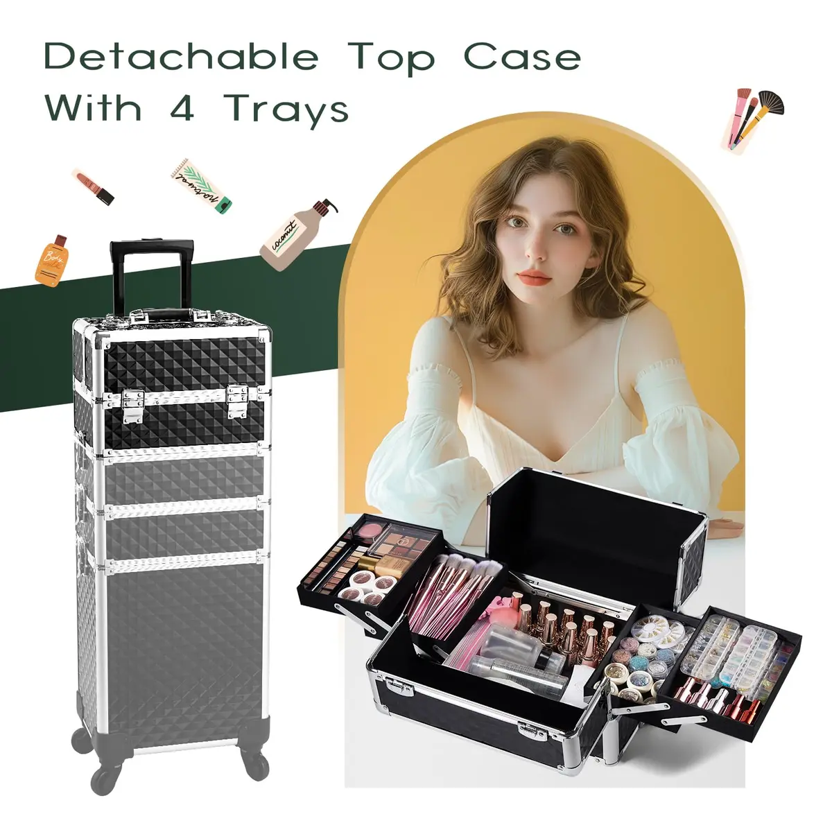 Yueieoun Large Makeup Travel Case 13.4 x 10 x 30.5 inches | 4-in-1 Detachable Compartments - view 3