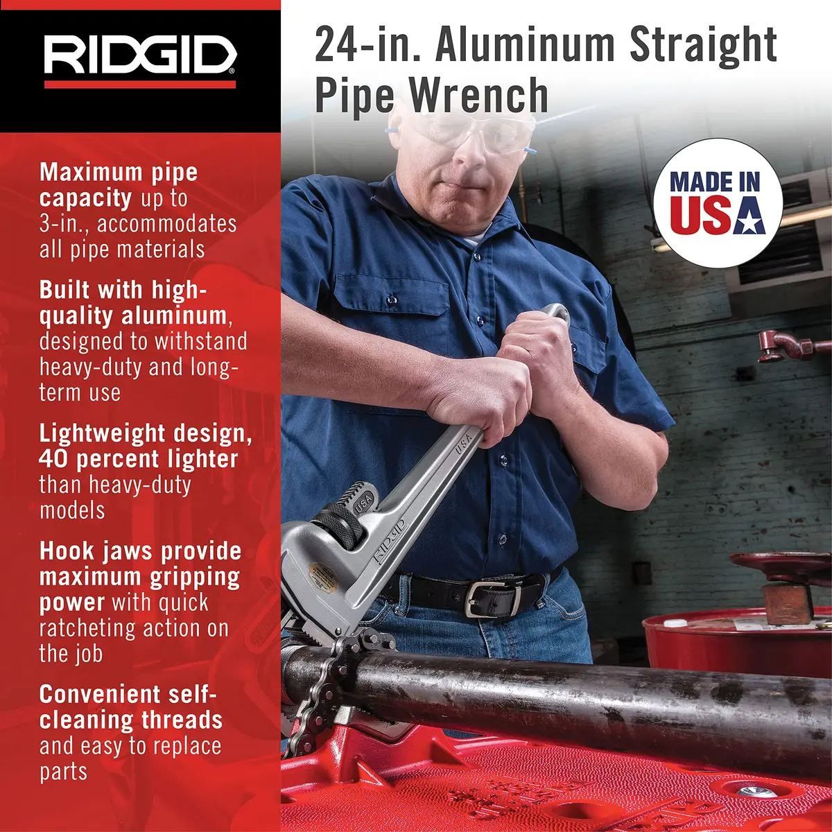 RIDGID 24" & 18" Pipe Wrench Set | Stainless & Aluminum, Heavy Duty, 3 & 2.5 Inch Capacity - view 6