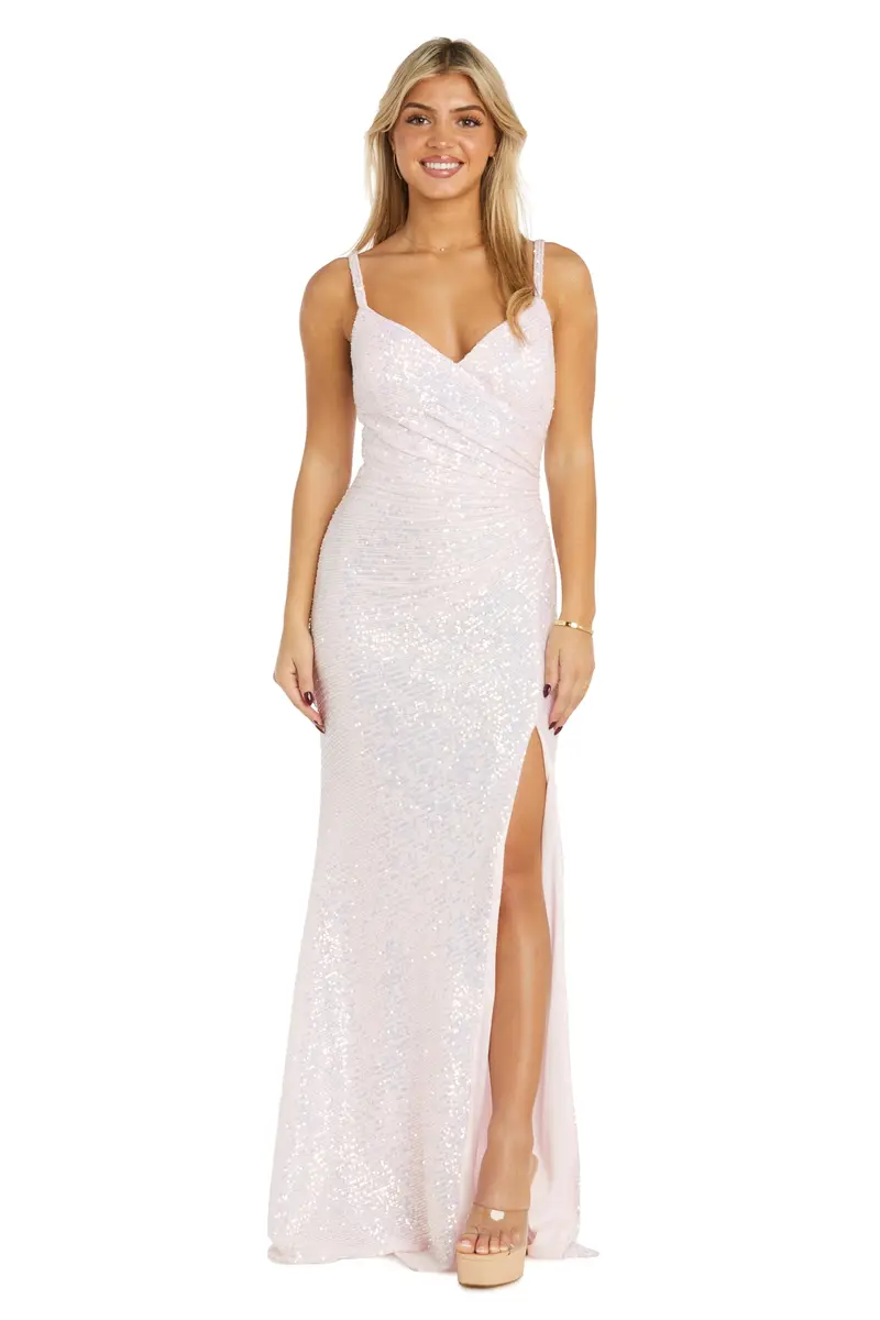 NIGHTWAY Women's Juniors Sequined Gown with Mock Wrap Bodice & Slit, Pink Rainbow | Glamorous Prom & Evening Dress - main product image