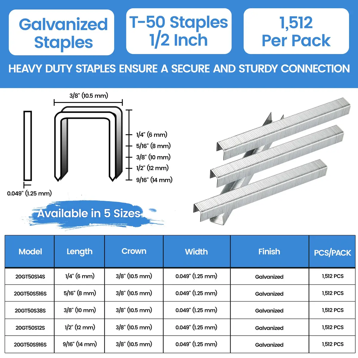 meite T50 Staples 1/2 Inch Heavy Duty Galvanized Staples for Staple Gun | Rust-Resistant, 20 Gauge, 1,512 Counts - view 2