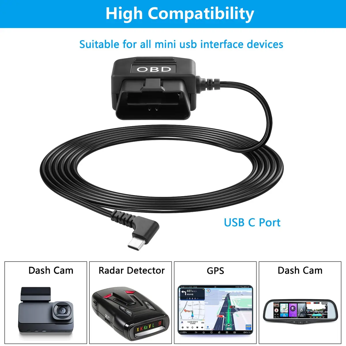 CERRXIAN OBD Power Cable for Dash Camera 13-40V to Type C | 3.5M/11.5FT, Low Voltage Protection - view 5