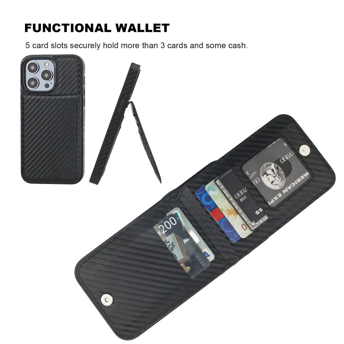 KIHUWEY for iPhone 14 Pro Max Wallet Case Card Holder, Carbon Black | Heavy Duty Leather Cover with Card Slots & Kickstand - view 4