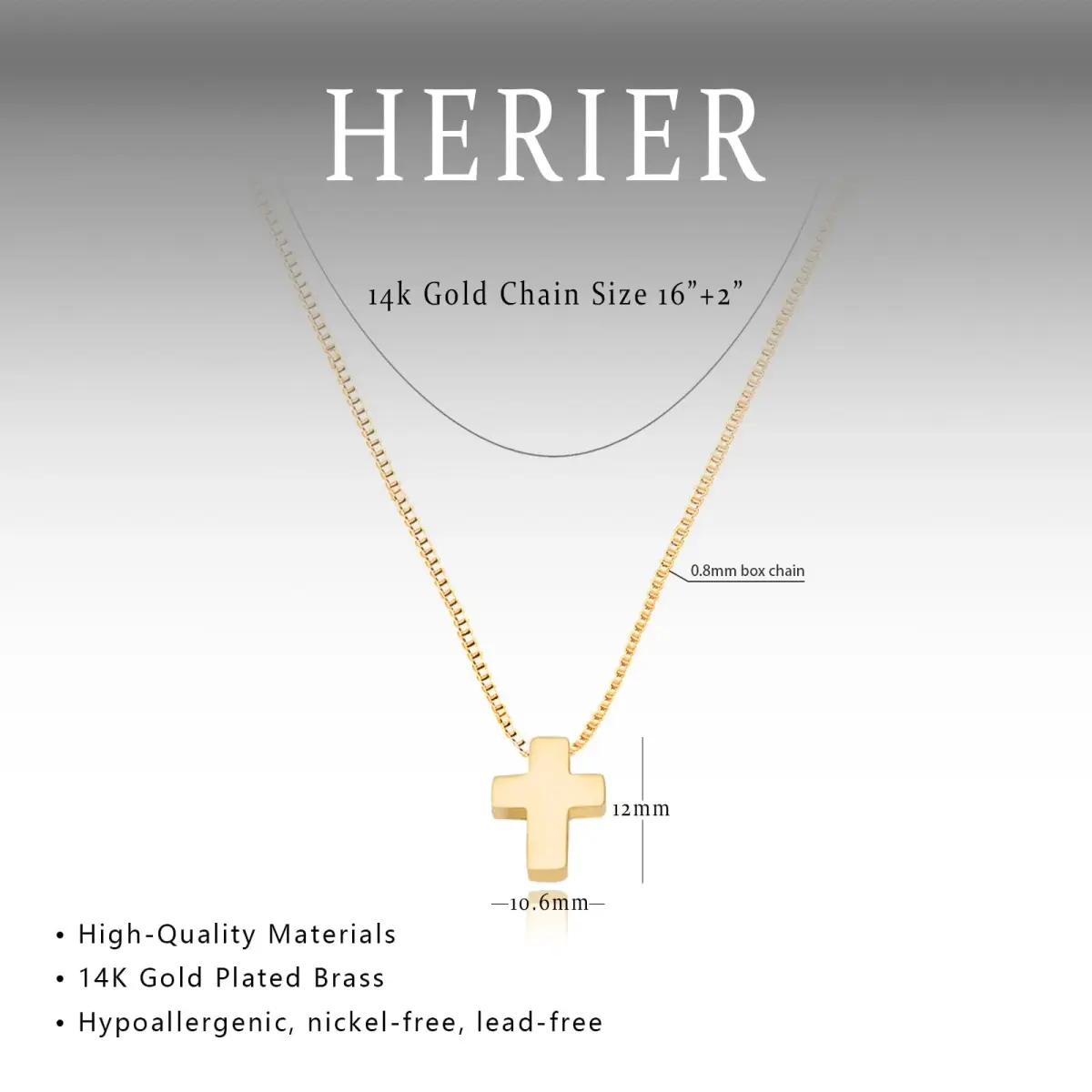 HERIER Gold Box Chain Cross Necklace 18K Gold Plated Faith Fashion Jewelry 41.9cm - view 4