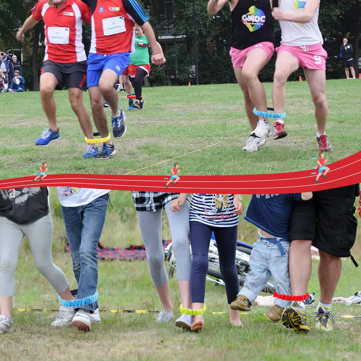 Augshy 8Pcs 3 Legged Race Bands Elastic Tie Rope 48cm-85cm | 4 Assorted Colors for Relay Race Game Carnival Field Day Backyard Party Supplies - view 5