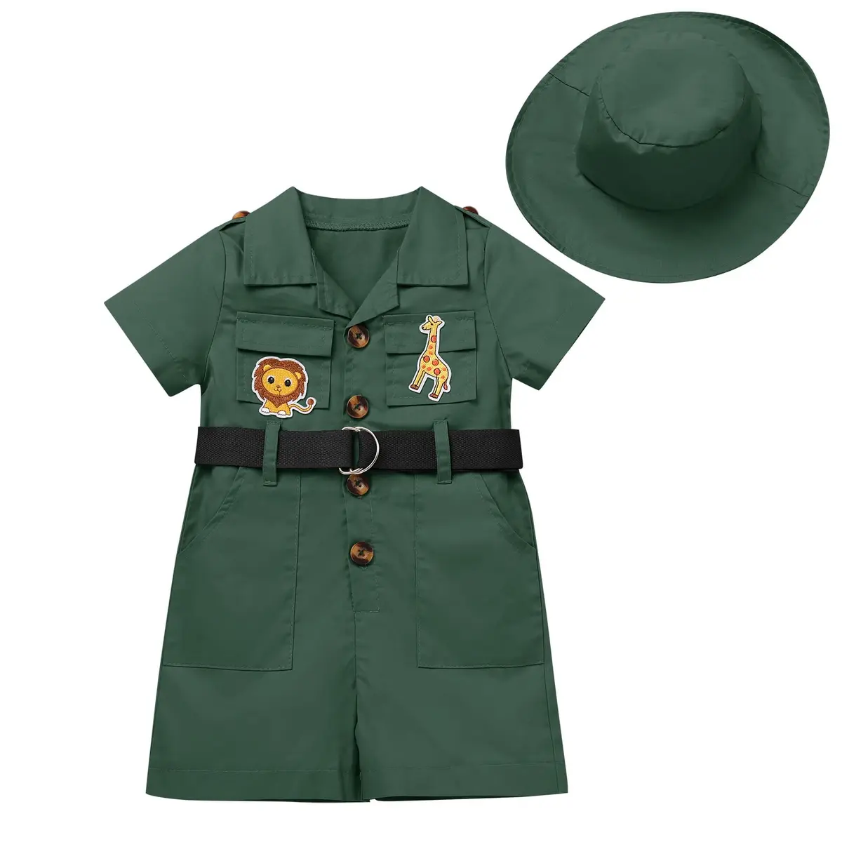 ODASDO Safari Outfit For Baby Girls Boys 1st Birthday Party Cake Smash Toddlers Zookeeper Suit Kids Jungle Forest Adventure Explorer Clothes Short Sleeve Jumpsuit Belt Bodysuit with Hat Green 12-18M - main product image