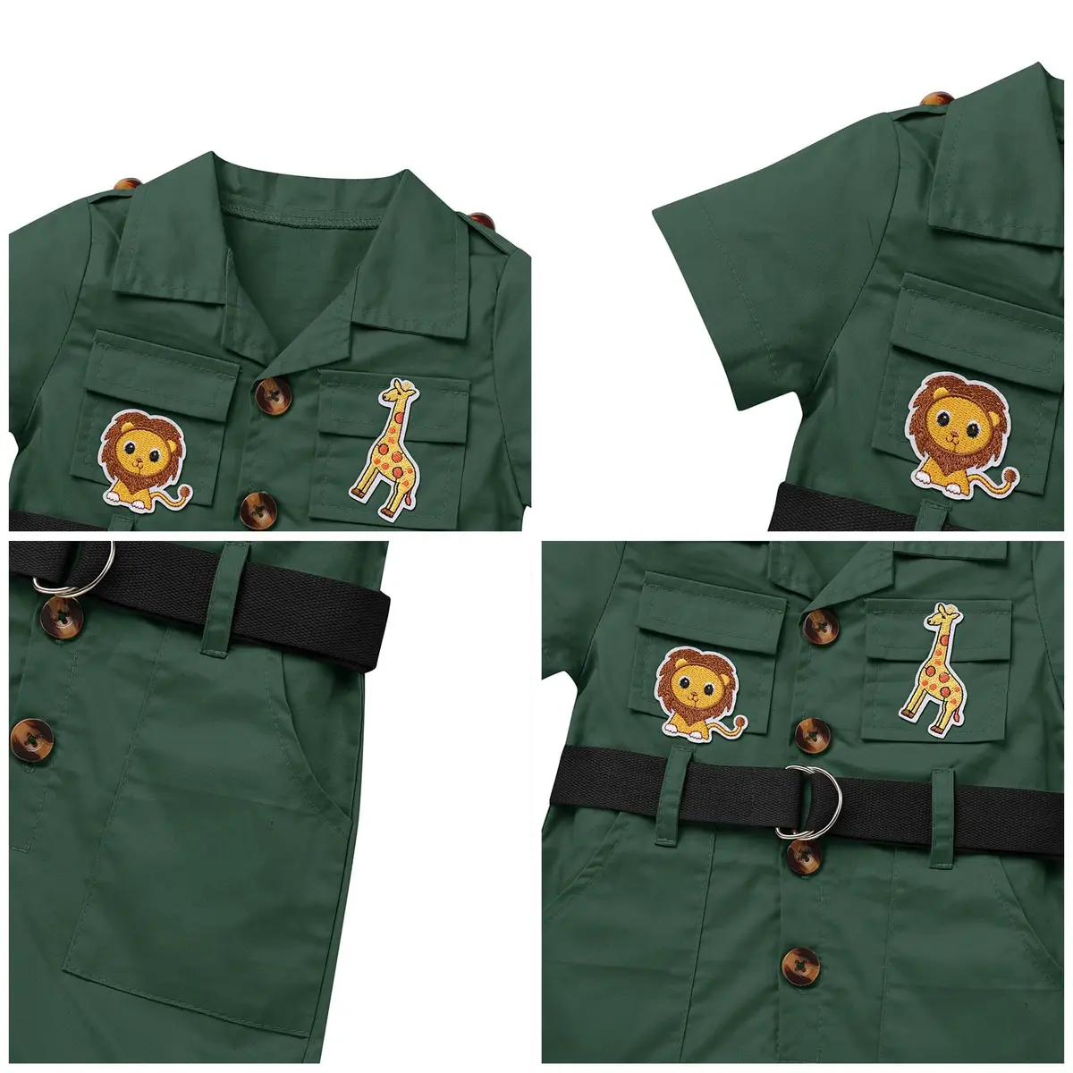 ODASDO Safari Outfit For Baby Girls Boys 1st Birthday Party Cake Smash Toddlers Zookeeper Suit Kids Jungle Forest Adventure Explorer Clothes Short Sleeve Jumpsuit Belt Bodysuit with Hat Green 12-18M - view 5