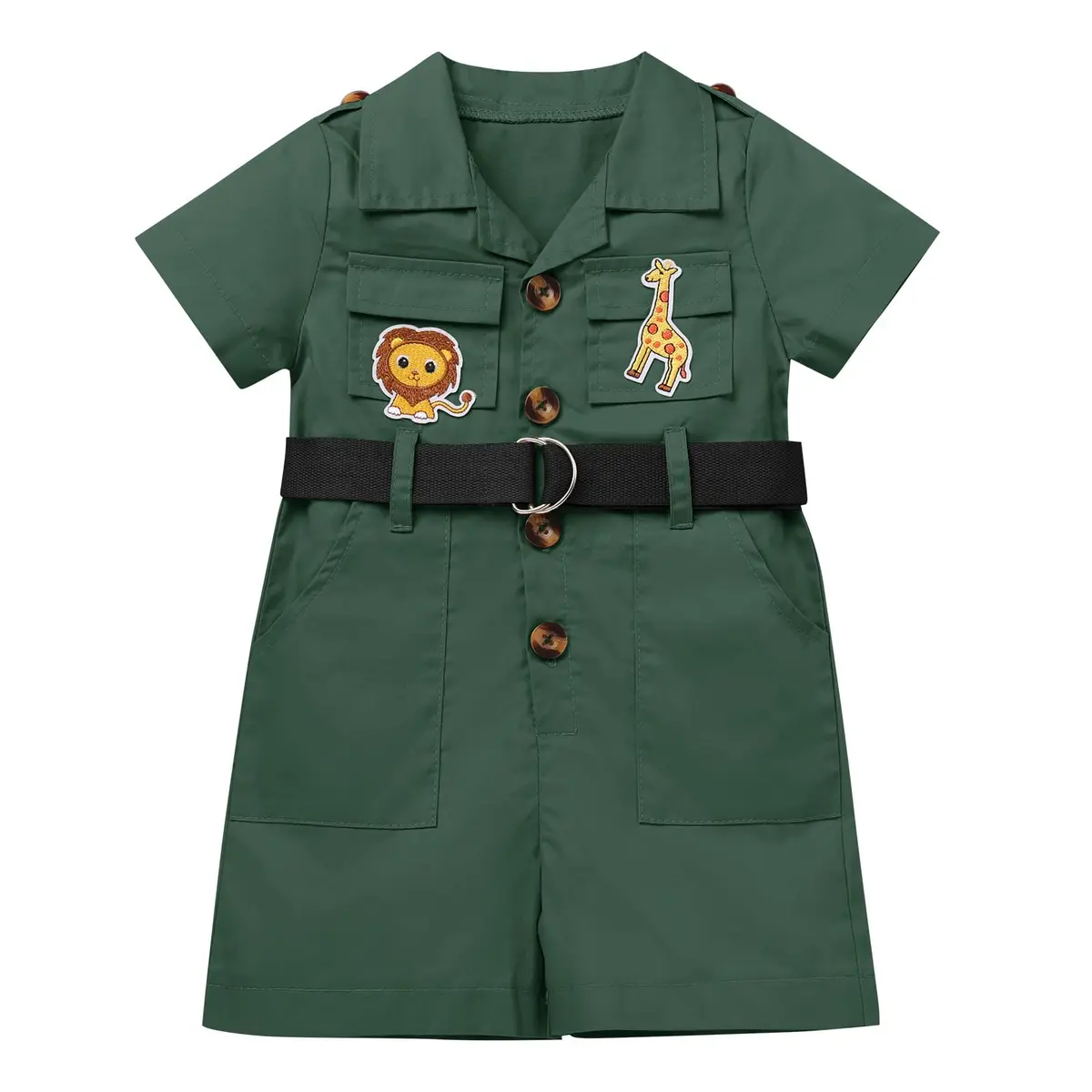 ODASDO Safari Outfit For Baby Girls Boys 1st Birthday Party Cake Smash Toddlers Zookeeper Suit Kids Jungle Forest Adventure Explorer Clothes Short Sleeve Jumpsuit Belt Bodysuit with Hat Green 12-18M - view 2