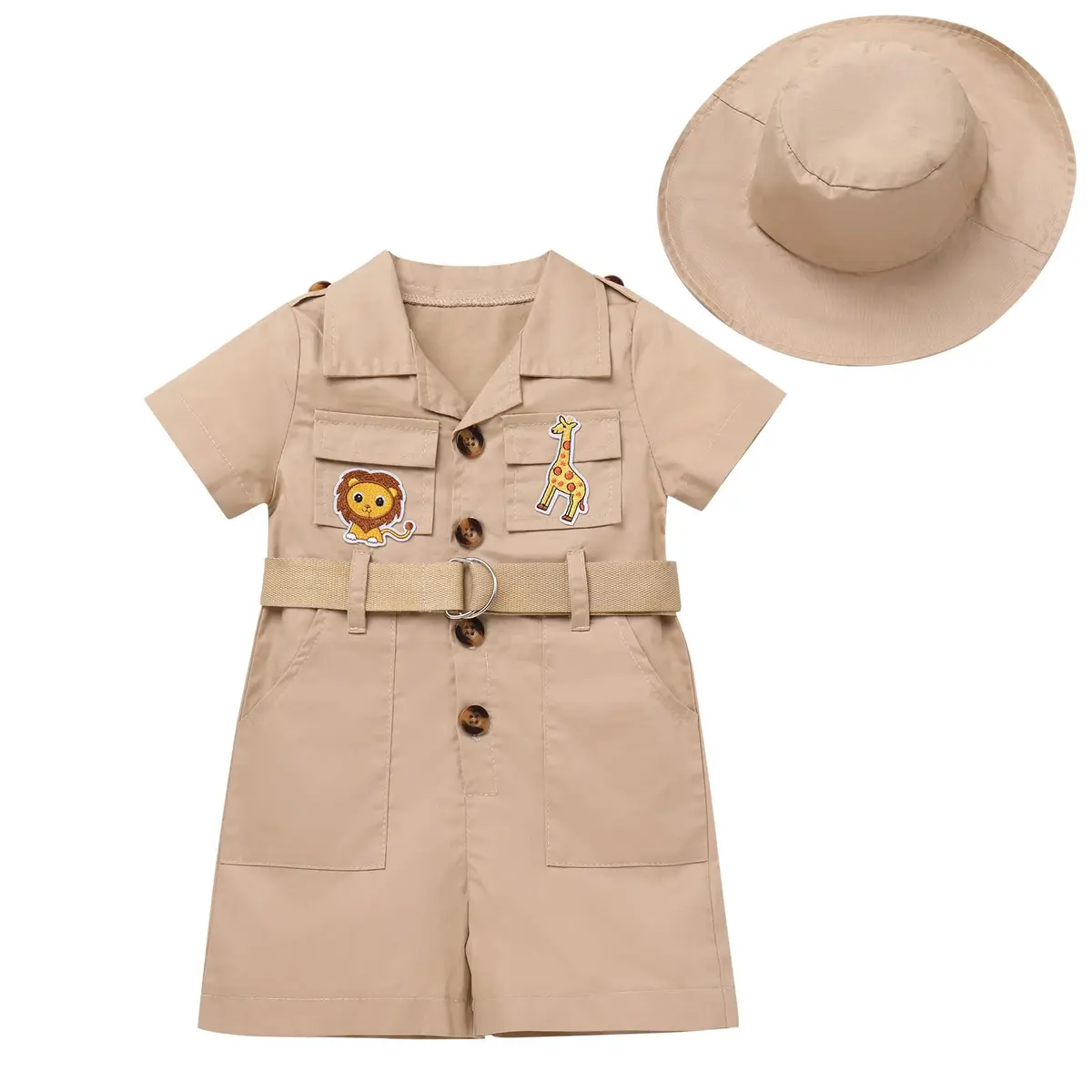 ODASDO Safari Outfit for Baby Girls Boys 1st Birthday Party Cake Smash Toddlers Zookeeper Suit Kids Jungle Forest Adventure Clothes Khaki Short Sleeve Jumpsuit Belt Bodysuit with Hat Khaki 2-3T - main product image