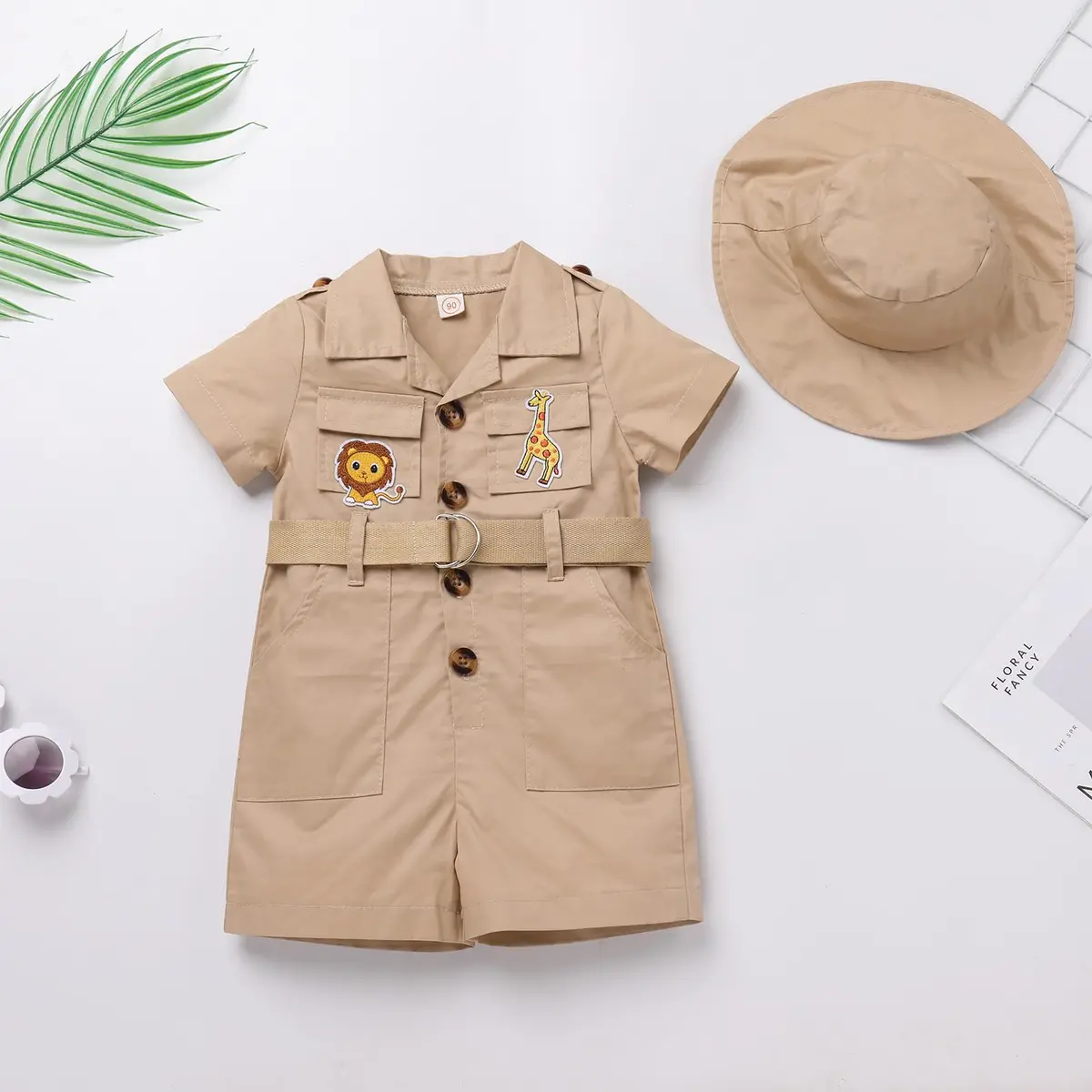 ODASDO Safari Outfit for Baby Girls Boys 1st Birthday Party Cake Smash Toddlers Zookeeper Suit Kids Jungle Forest Adventure Clothes Khaki Short Sleeve Jumpsuit Belt Bodysuit with Hat Khaki 2-3T - view 6