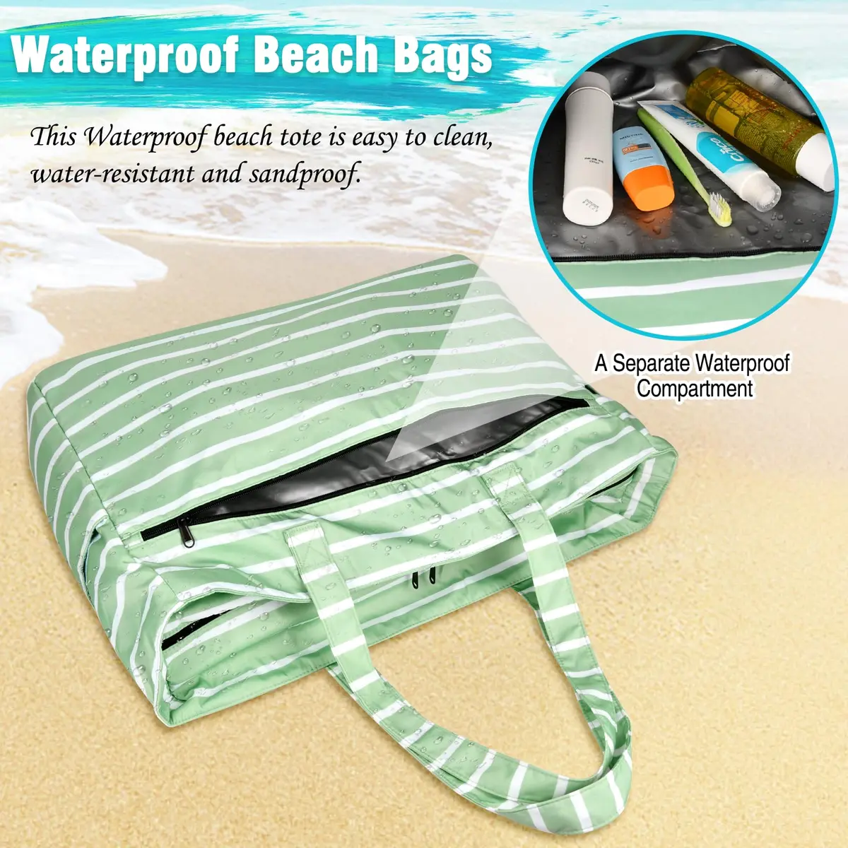 HUANLANG Extra Large Waterproof Beach Bag with Zipper Wet Pocket | 50L Capacity, Sandproof & Durable for Women Men - view 5