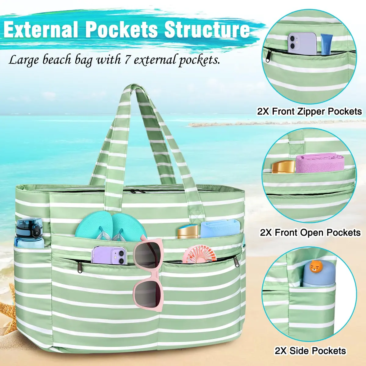 HUANLANG Extra Large Waterproof Beach Bag with Zipper Wet Pocket | 50L Capacity, Sandproof & Durable for Women Men - view 6