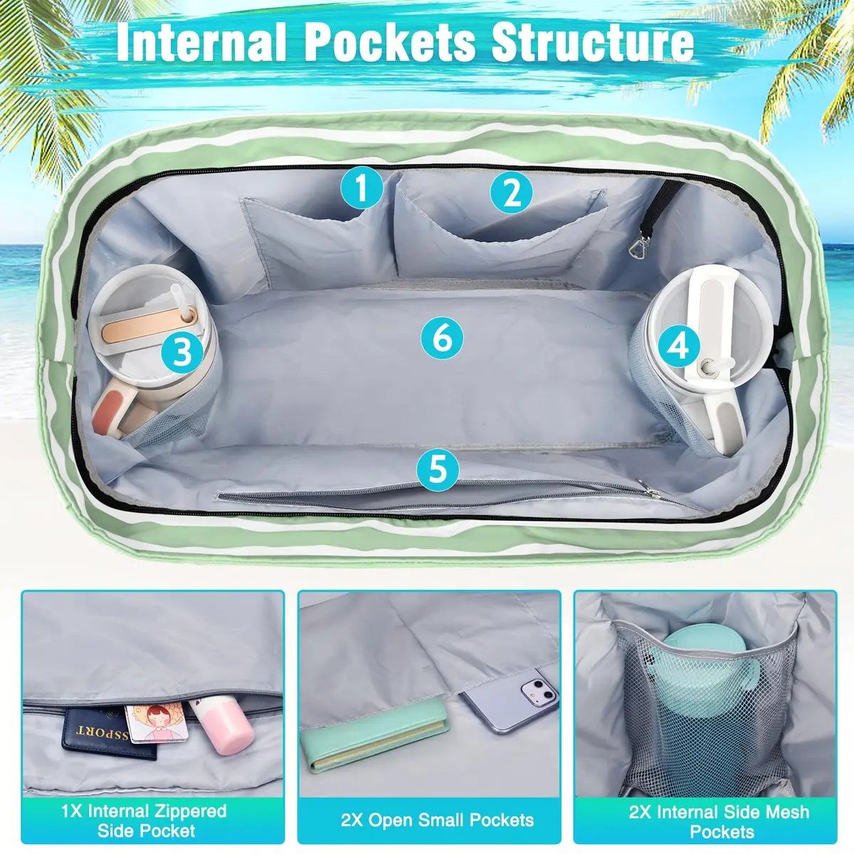 HUANLANG Extra Large Waterproof Beach Bag with Zipper Wet Pocket | 50L Capacity, Sandproof & Durable for Women Men - view 7