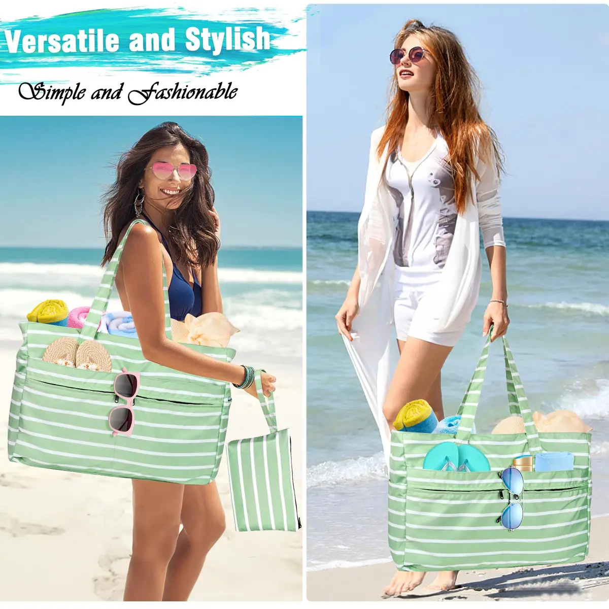 HUANLANG Extra Large Waterproof Beach Bag with Zipper Wet Pocket | 50L Capacity, Sandproof & Durable for Women Men - view 8