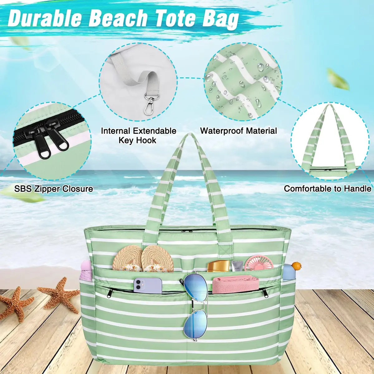 HUANLANG Extra Large Waterproof Beach Bag with Zipper Wet Pocket | 50L Capacity, Sandproof & Durable for Women Men - view 3