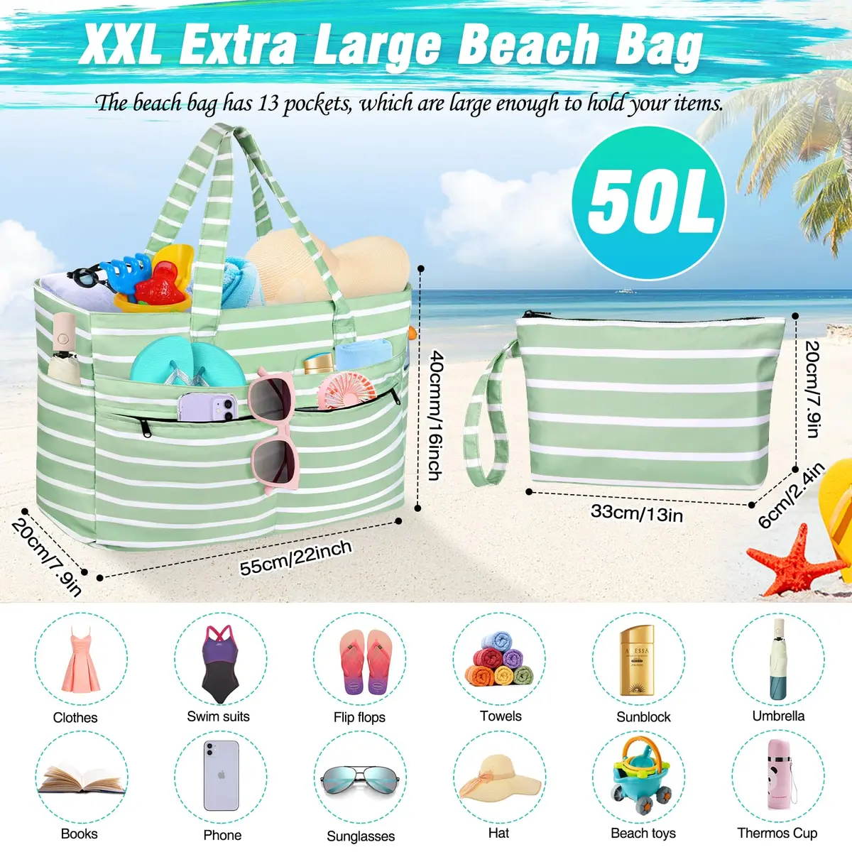 HUANLANG Extra Large Waterproof Beach Bag with Zipper Wet Pocket | 50L Capacity, Sandproof & Durable for Women Men - view 4