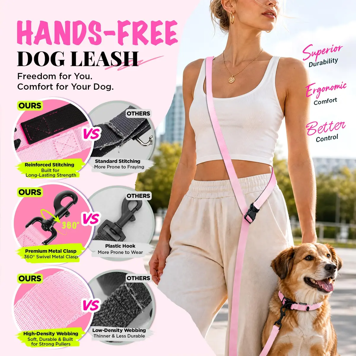 Heelay Hands Free Dog Leash 1.8-2.5m (5.9-8.2ft) Light Pink | Adjustable Crossbody Rope for Medium Large Dogs - view 5
