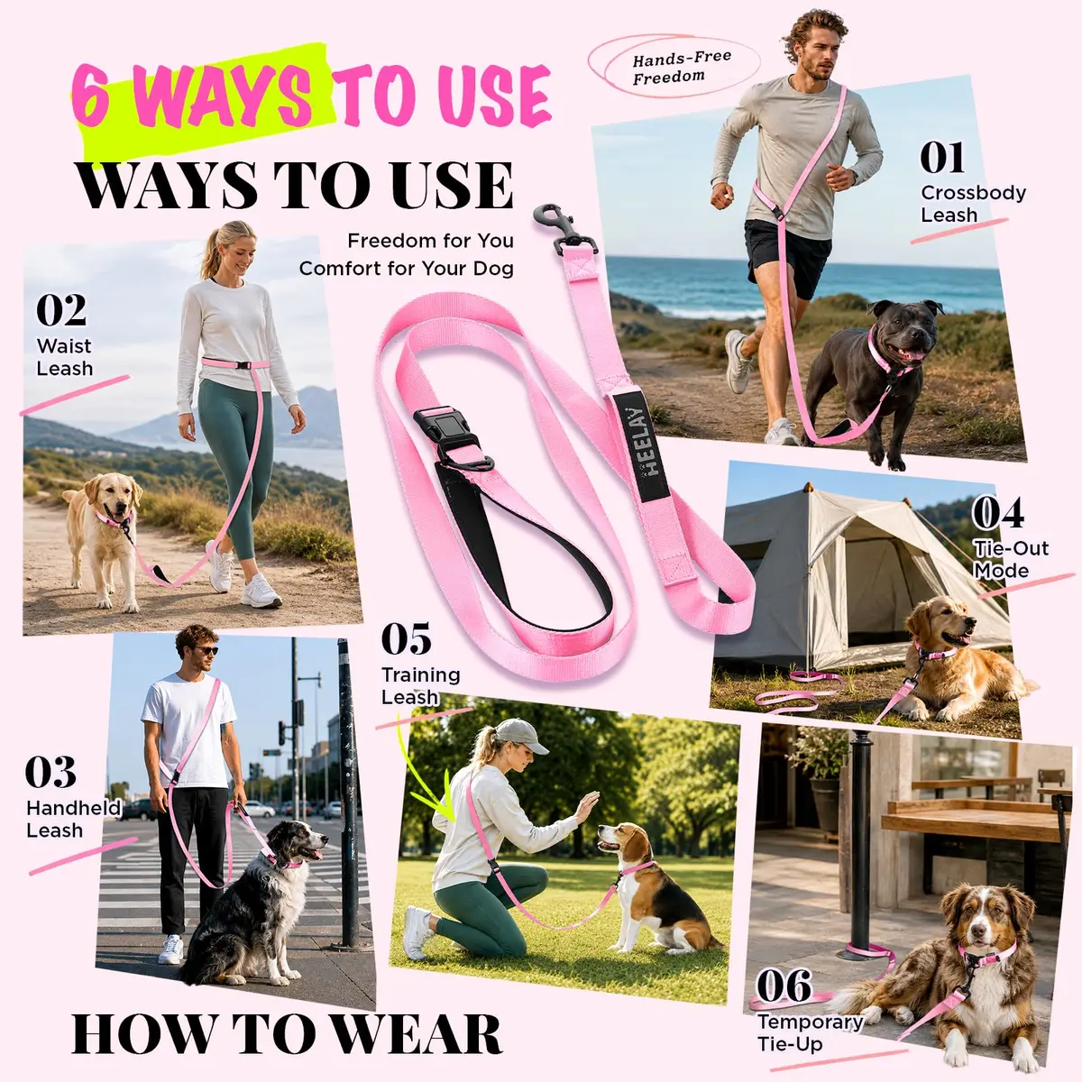 Heelay Hands Free Dog Leash 1.8-2.5m (5.9-8.2ft) Light Pink | Adjustable Crossbody Rope for Medium Large Dogs - view 6