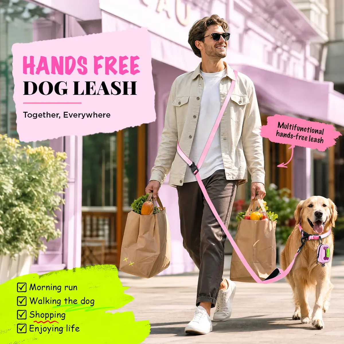 Heelay Hands Free Dog Leash 1.8-2.5m (5.9-8.2ft) Light Pink | Adjustable Crossbody Rope for Medium Large Dogs - view 7
