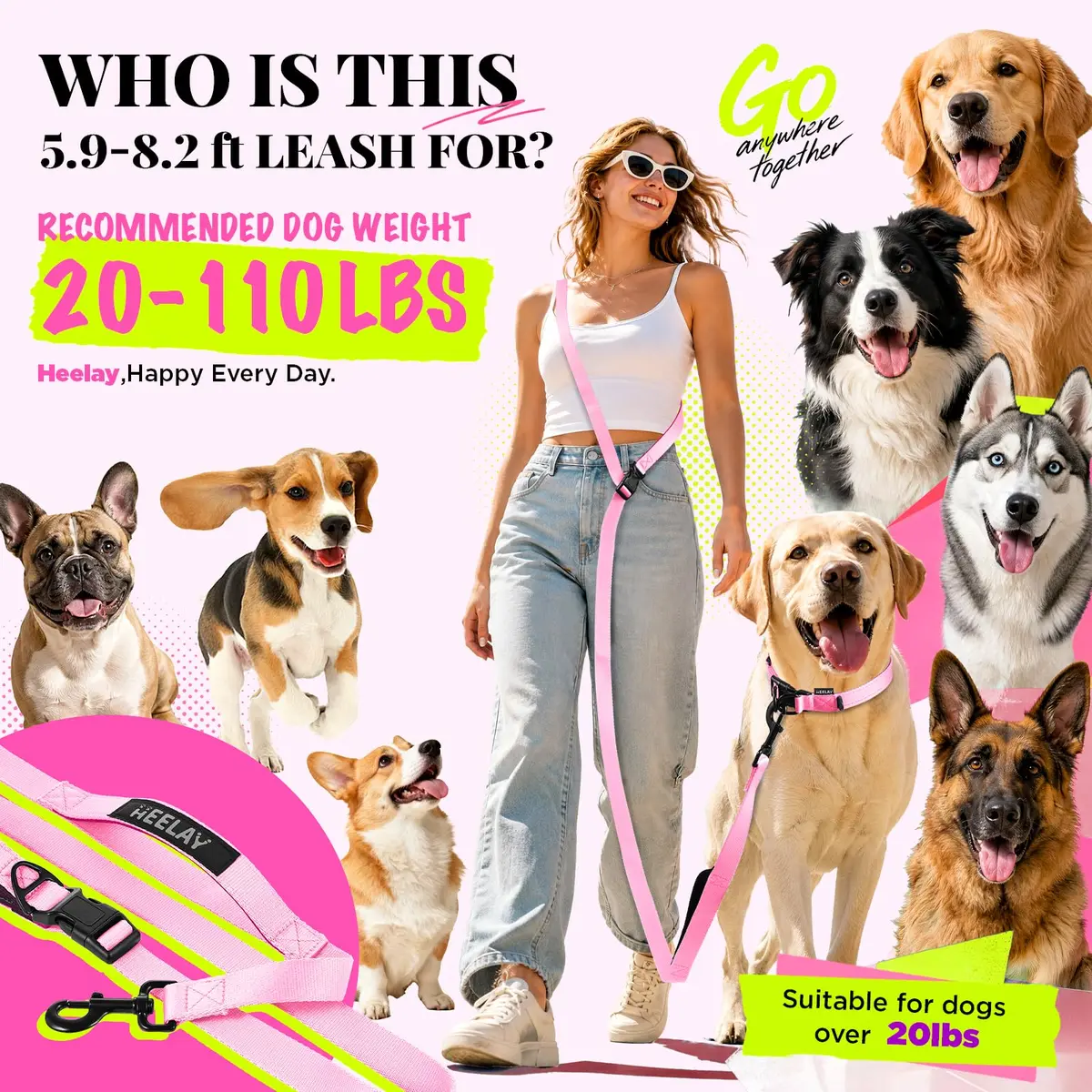 Heelay Hands Free Dog Leash 1.8-2.5m (5.9-8.2ft) Light Pink | Adjustable Crossbody Rope for Medium Large Dogs - view 2