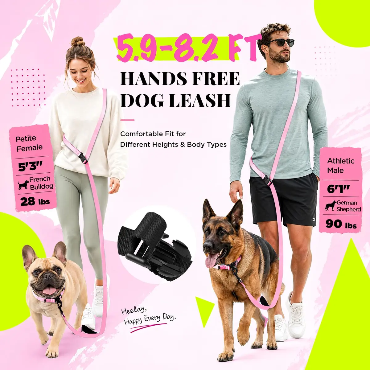 Heelay Hands Free Dog Leash 1.8-2.5m (5.9-8.2ft) Light Pink | Adjustable Crossbody Rope for Medium Large Dogs - view 3