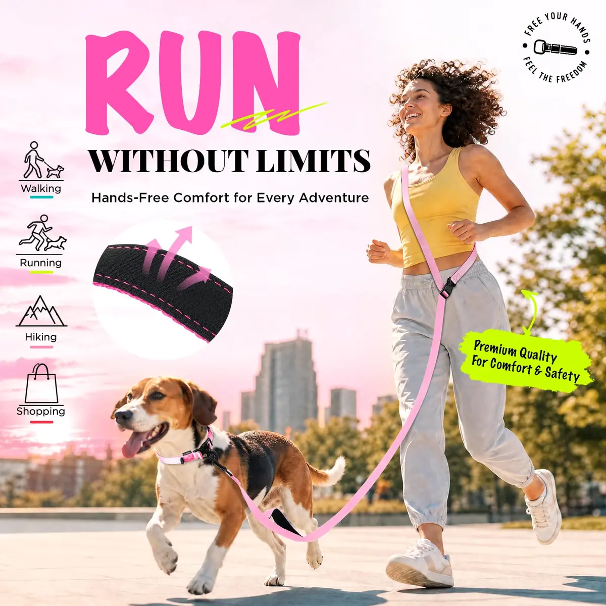 Heelay Hands Free Dog Leash 1.8-2.5m (5.9-8.2ft) Light Pink | Adjustable Crossbody Rope for Medium Large Dogs - view 4