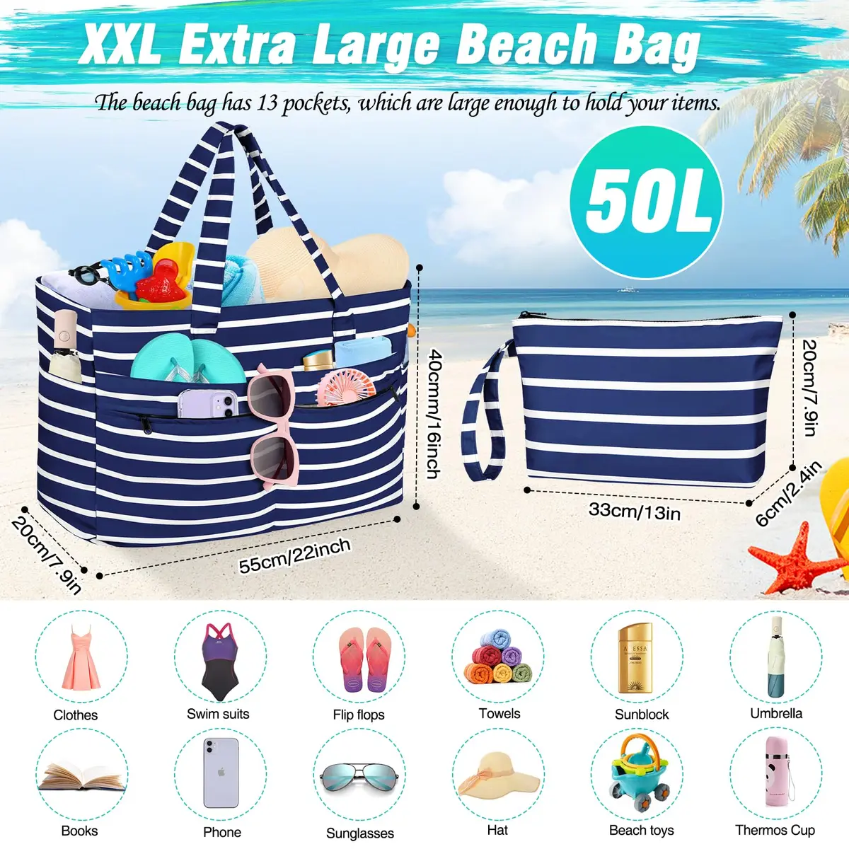 HUANLANG Extra Large Waterproof Beach Bag with Zipper Wet Pocket | 50L Capacity for Women & Men - view 5