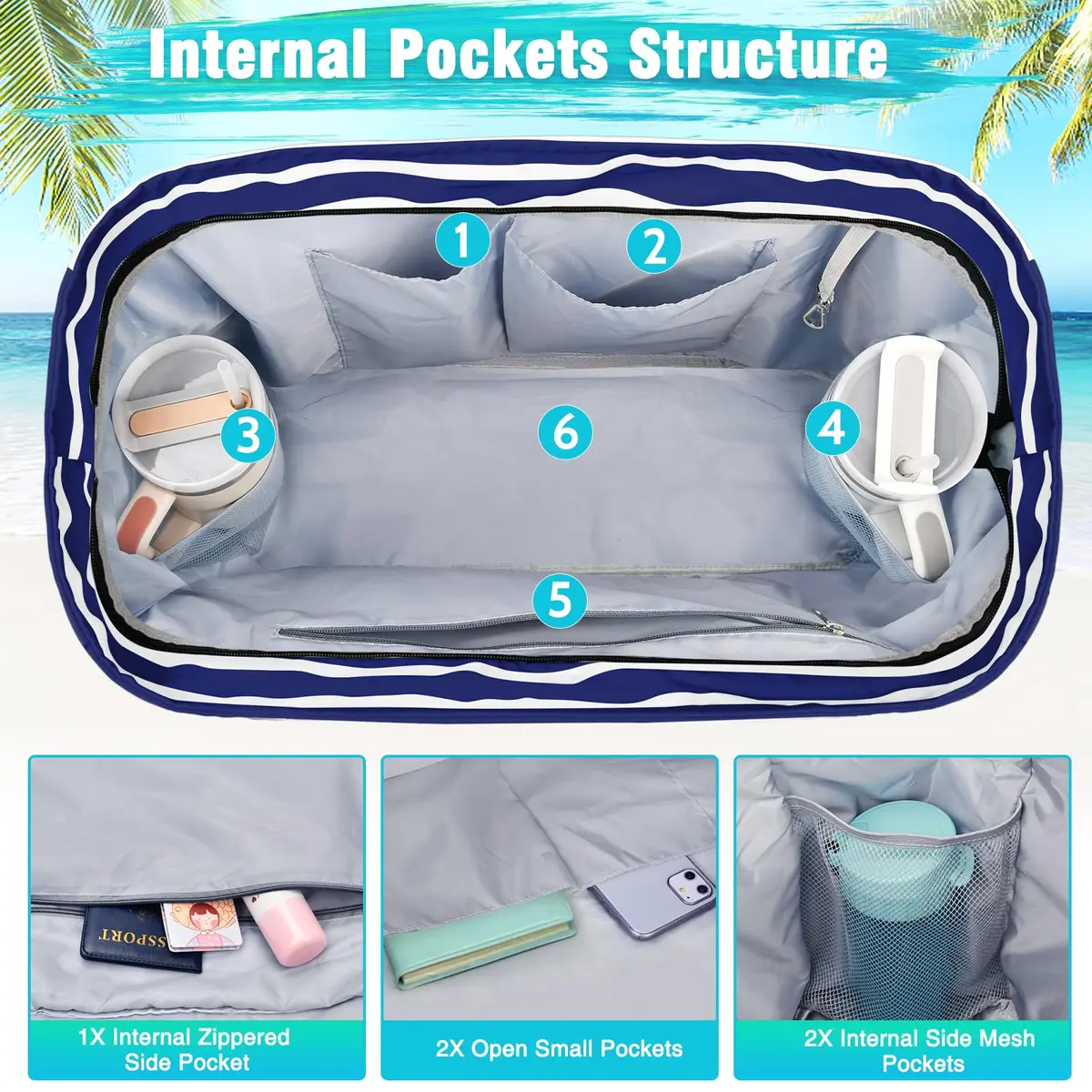 HUANLANG Extra Large Waterproof Beach Bag with Zipper Wet Pocket | 50L Capacity for Women & Men - view 6
