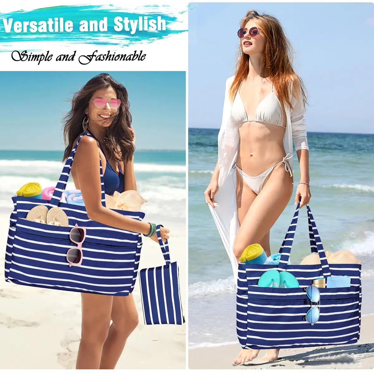 HUANLANG Extra Large Waterproof Beach Bag with Zipper Wet Pocket | 50L Capacity for Women & Men - view 7