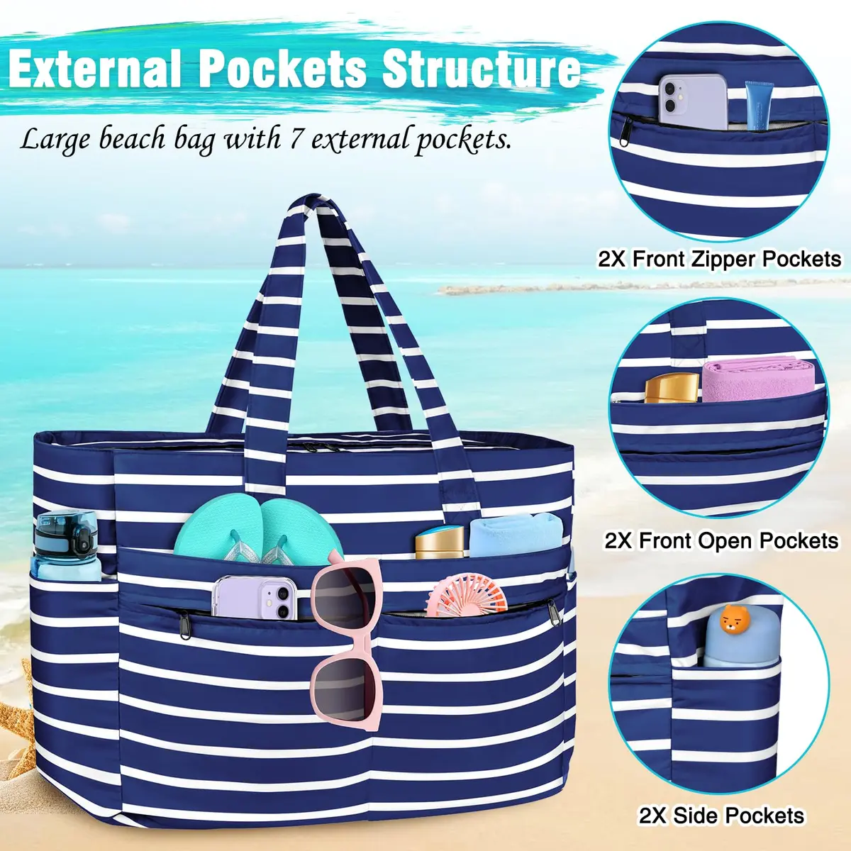 HUANLANG Extra Large Waterproof Beach Bag with Zipper Wet Pocket | 50L Capacity for Women & Men - view 9