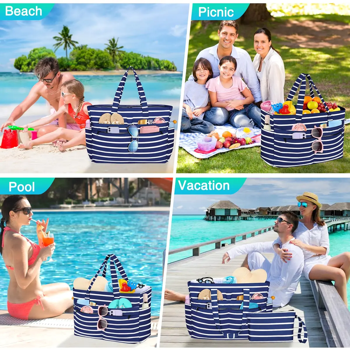 HUANLANG Extra Large Waterproof Beach Bag with Zipper Wet Pocket | 50L Capacity for Women & Men - view 2