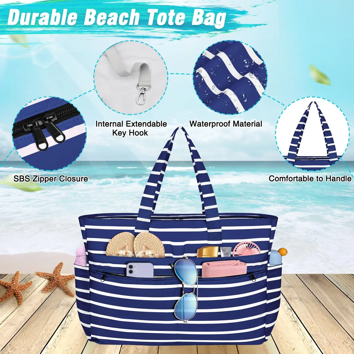 HUANLANG Extra Large Waterproof Beach Bag with Zipper Wet Pocket | 50L Capacity for Women & Men - view 3