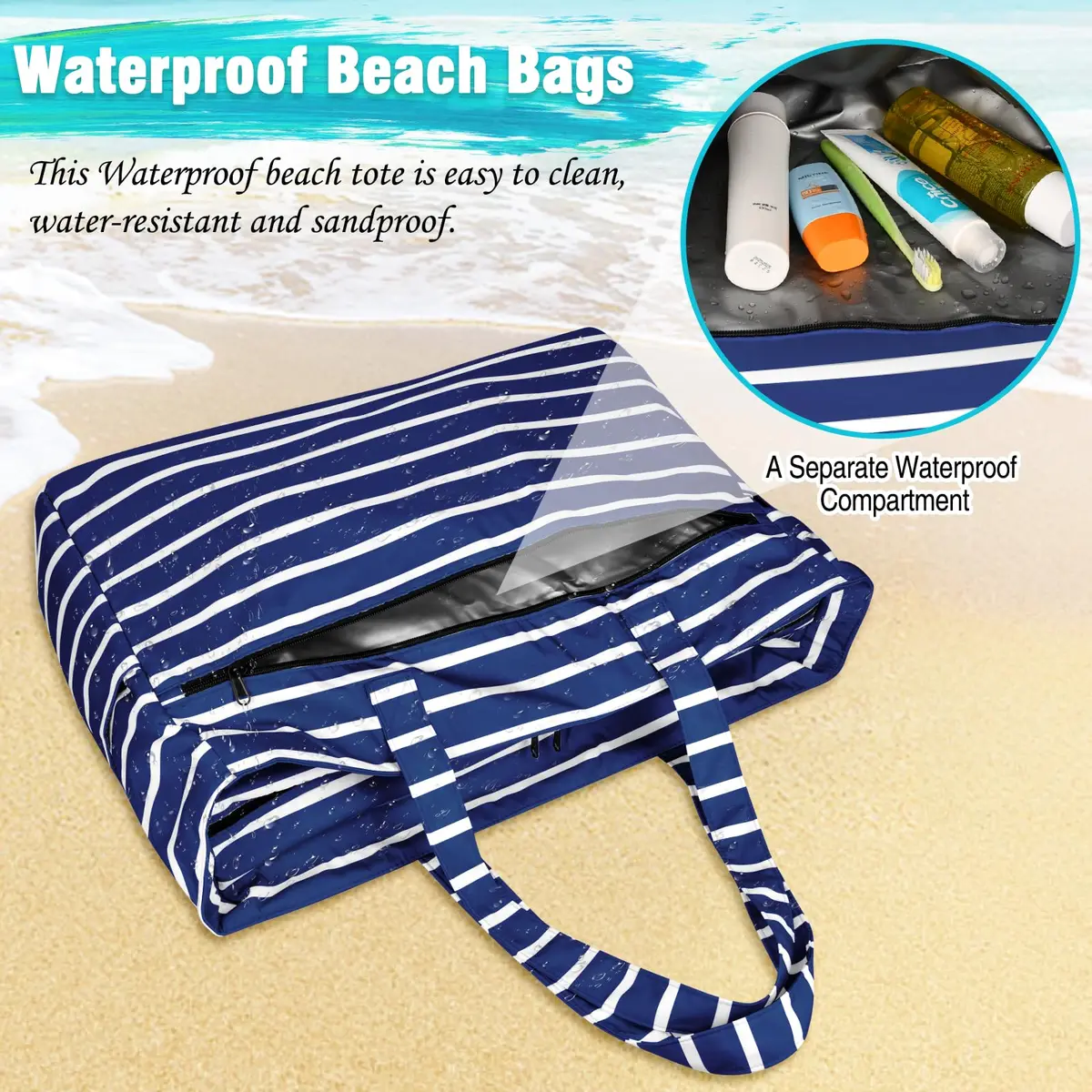 HUANLANG Extra Large Waterproof Beach Bag with Zipper Wet Pocket | 50L Capacity for Women & Men - view 4