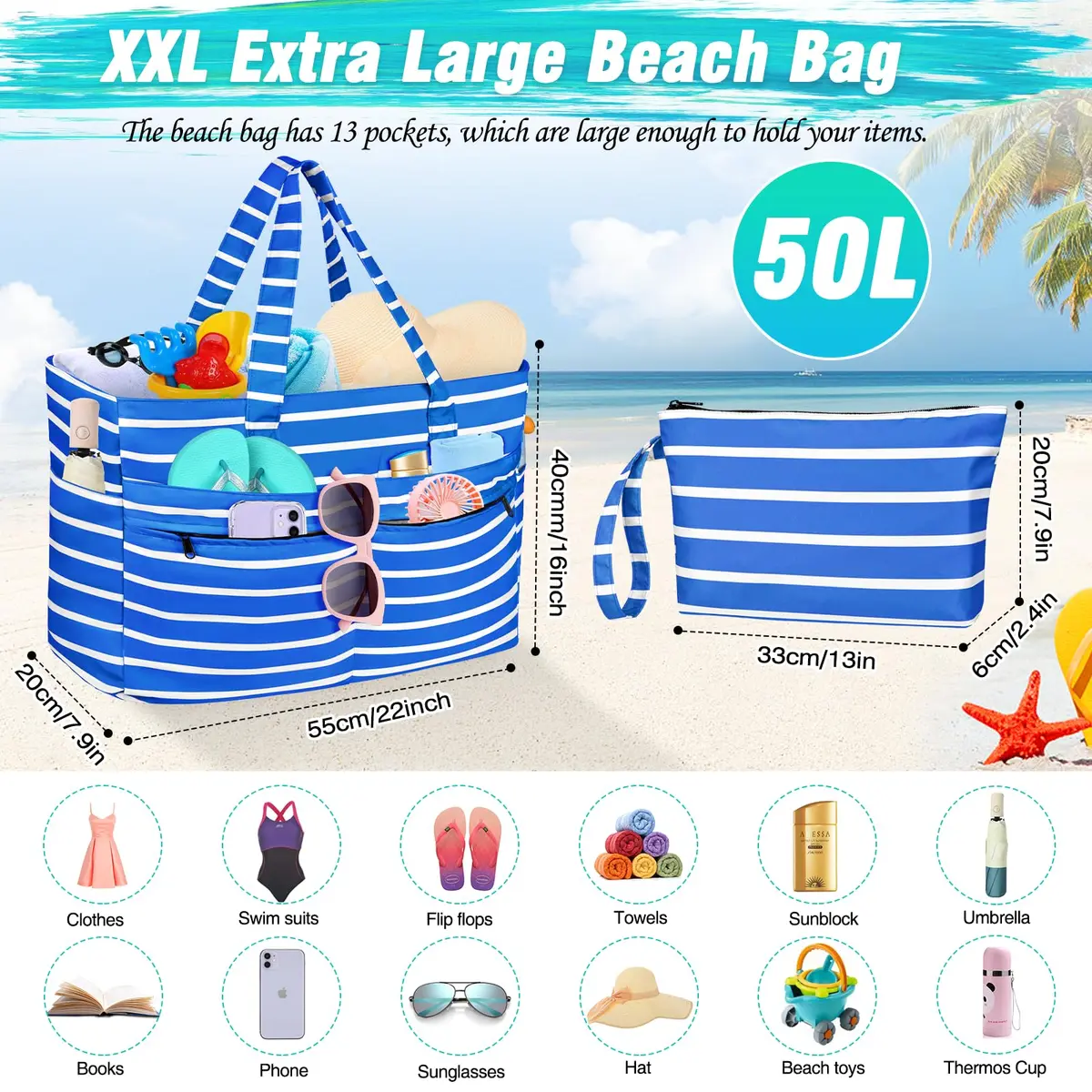HUANLANG Extra Large Waterproof Beach Bag with Zipper Wet Pocket | 50L Capacity for Women & Men - view 5