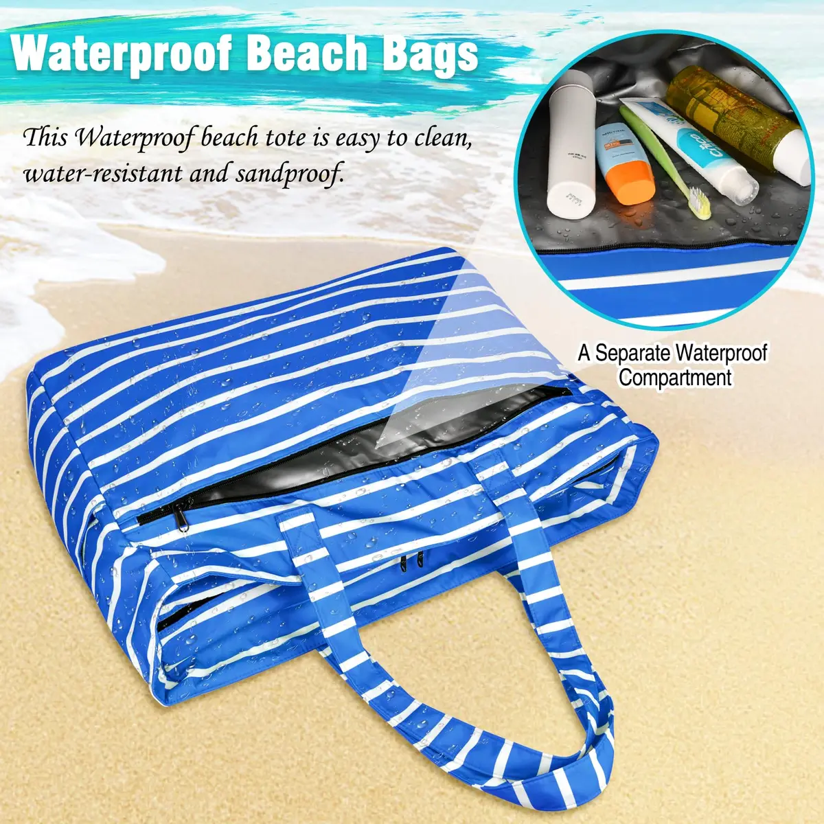 HUANLANG Extra Large Waterproof Beach Bag with Zipper Wet Pocket | 50L Capacity for Women & Men - view 6