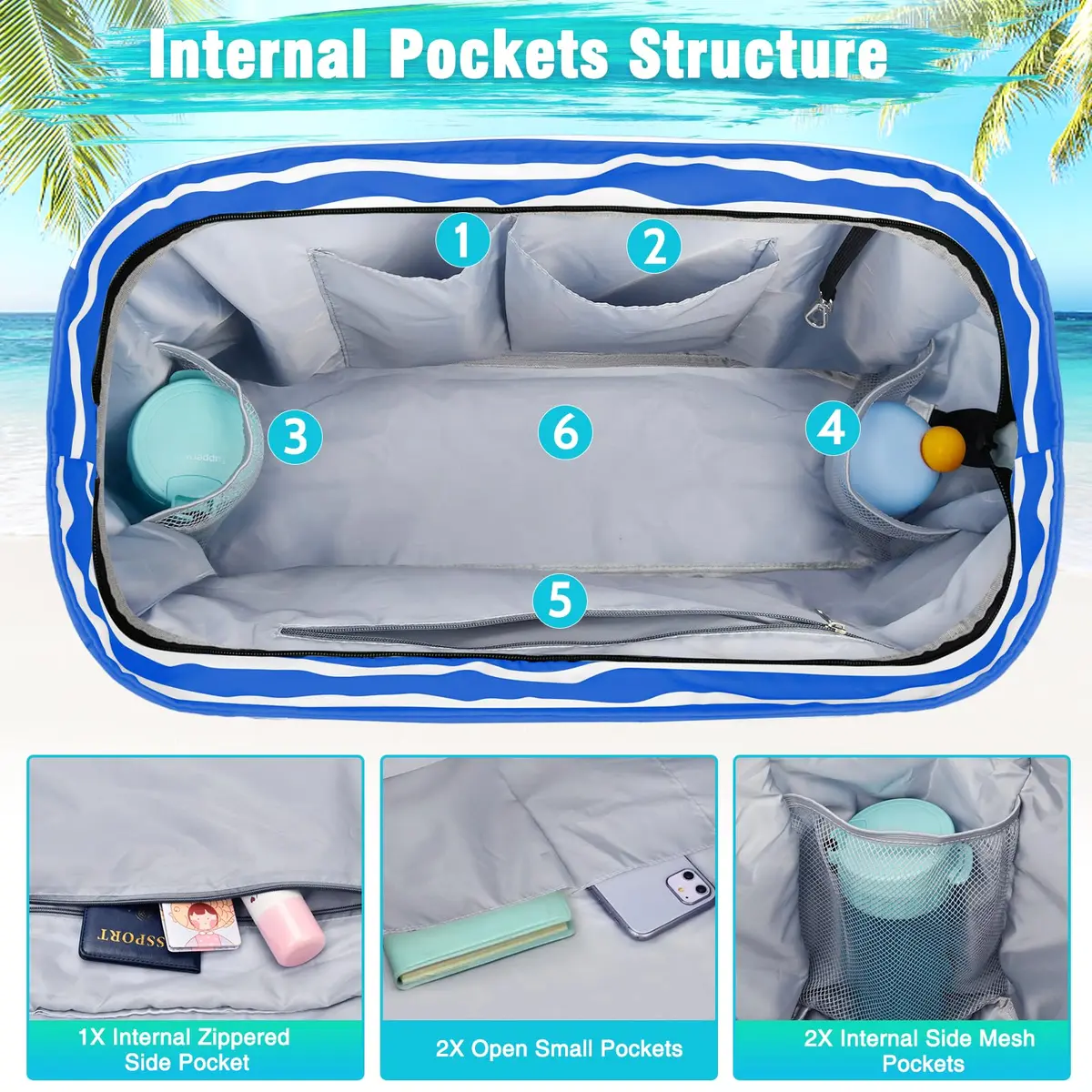 HUANLANG Extra Large Waterproof Beach Bag with Zipper Wet Pocket | 50L Capacity for Women & Men - view 7