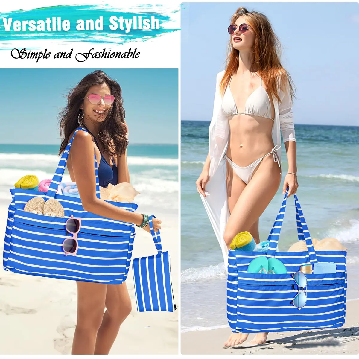 HUANLANG Extra Large Waterproof Beach Bag with Zipper Wet Pocket | 50L Capacity for Women & Men - view 2