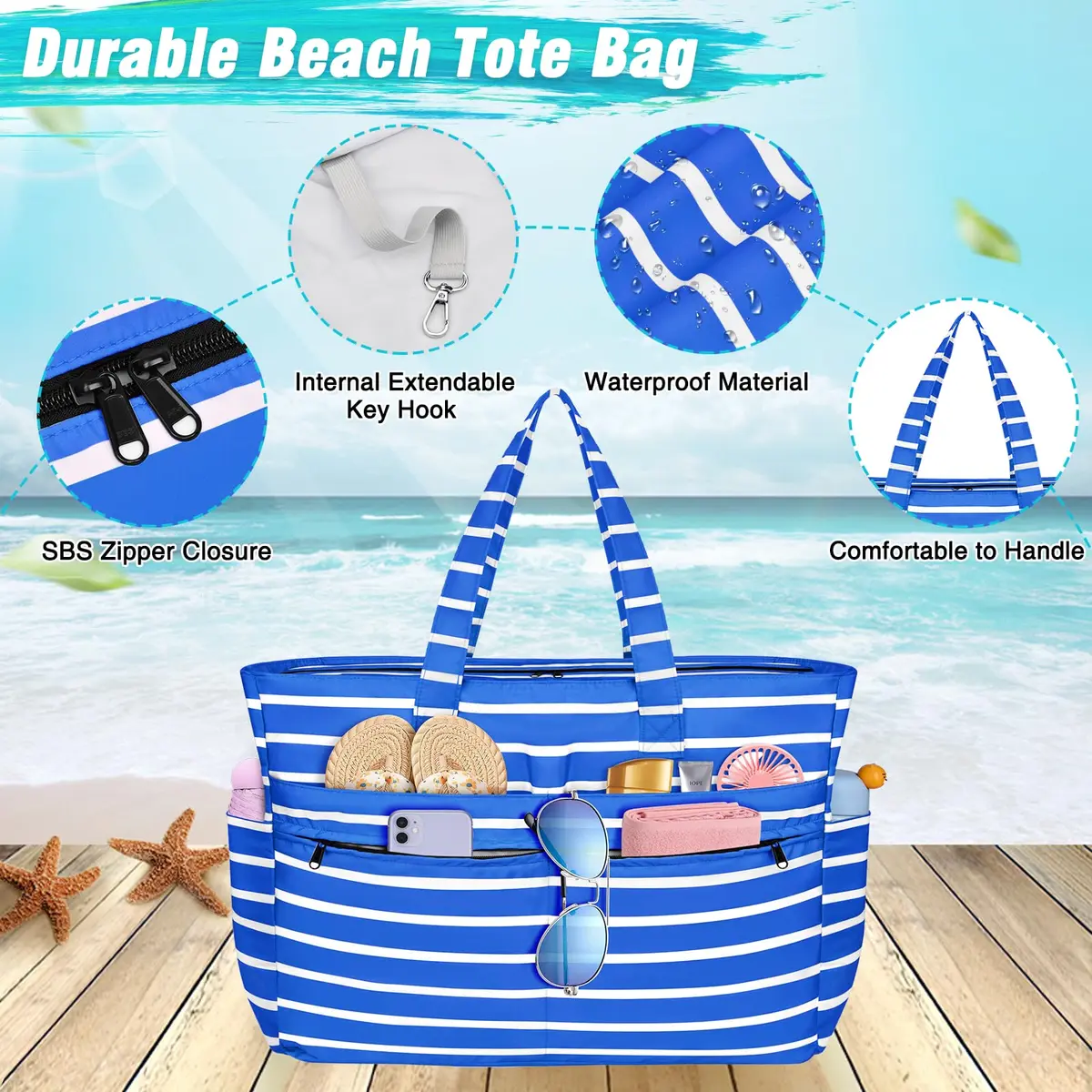 HUANLANG Extra Large Waterproof Beach Bag with Zipper Wet Pocket | 50L Capacity for Women & Men - view 3