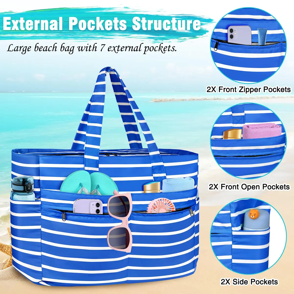 HUANLANG Extra Large Waterproof Beach Bag with Zipper Wet Pocket | 50L Capacity for Women & Men - view 4