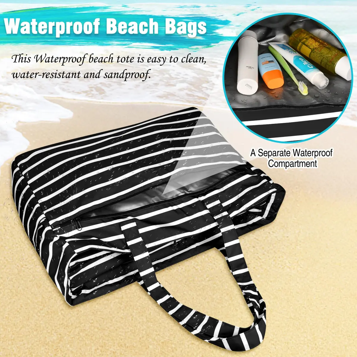 HUANLANG Extra Large Waterproof Beach Bag with Wet Pocket | 50L Capacity, Sandproof & Durable for Family Beach & Travel - view 5